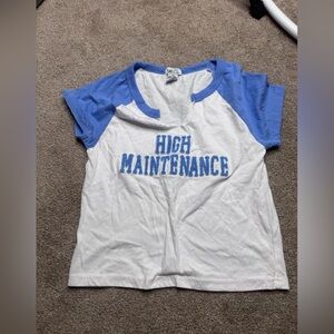 Rue21 White and Blue 'High Maintenance' Raglan Tee